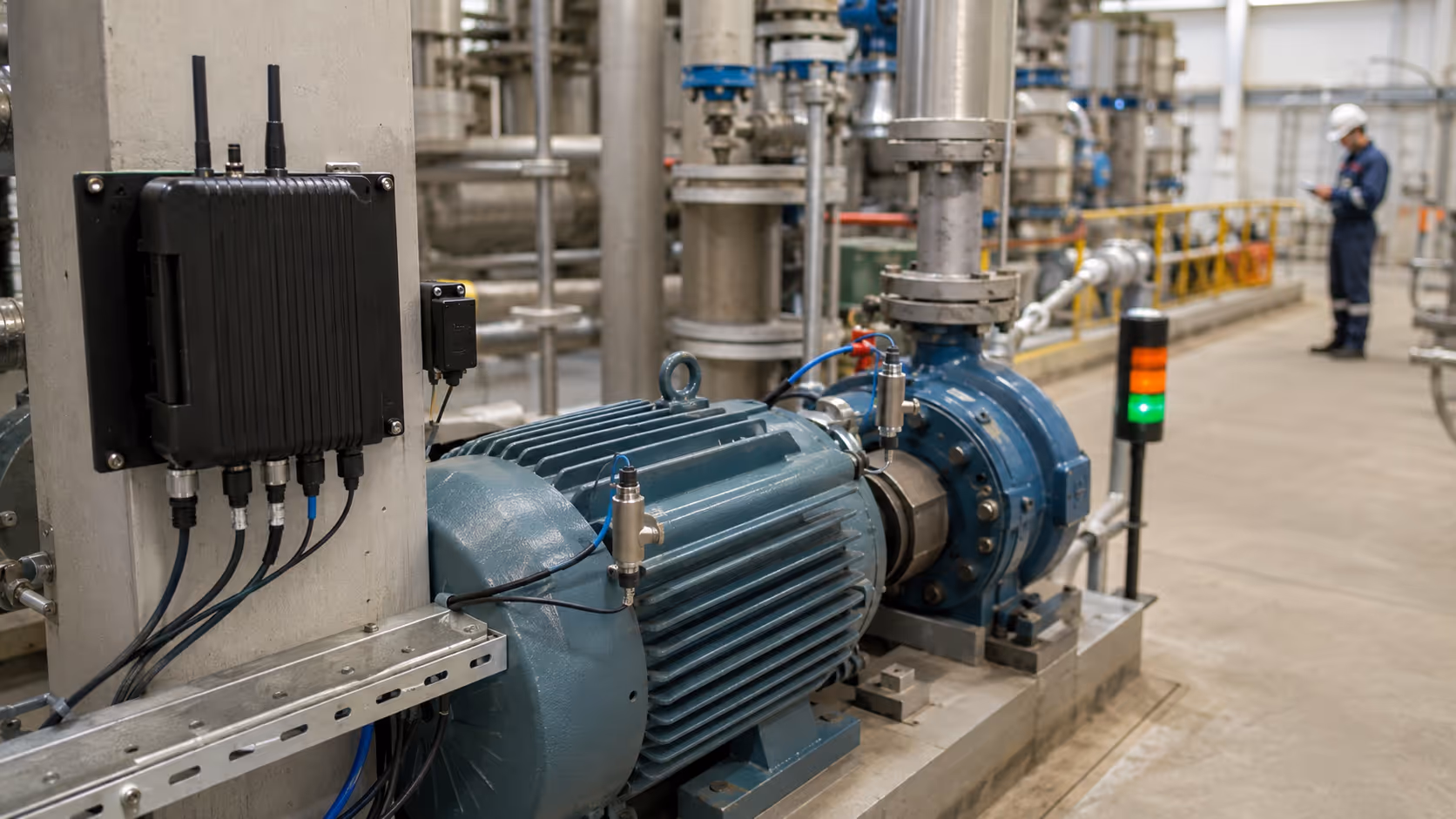 Motor pump condition monitoring setup with sensors, gateway, and stack light.