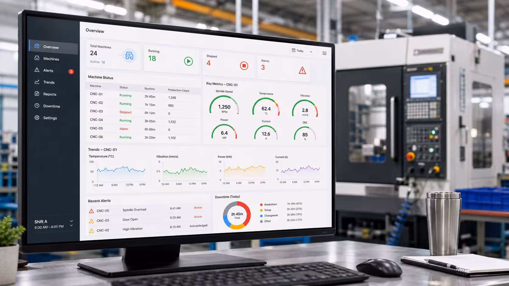 CNC machine monitoring screen showing machine data dashboard context.