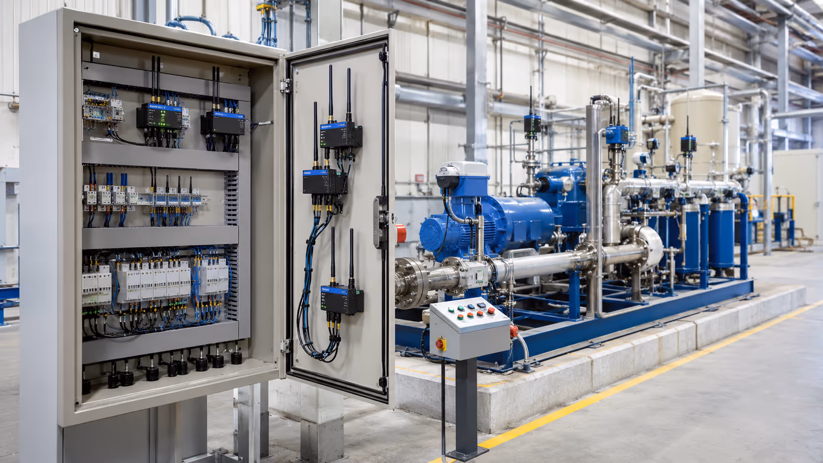 Industrial control cabinet connected to pump line sensors for monitoring and control.