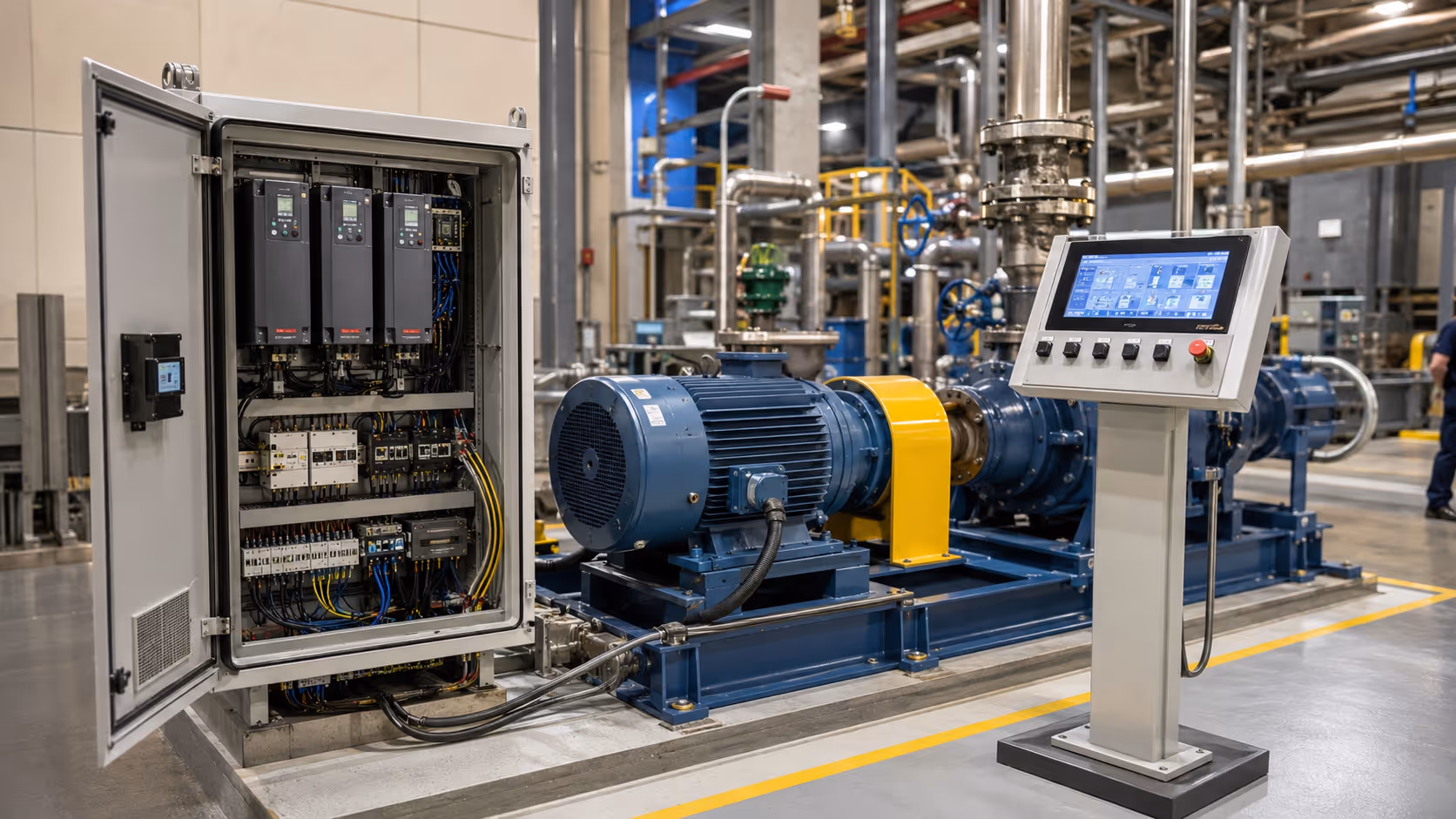 Motor drive cabinet with HMI panel and connected industrial motor control setup.