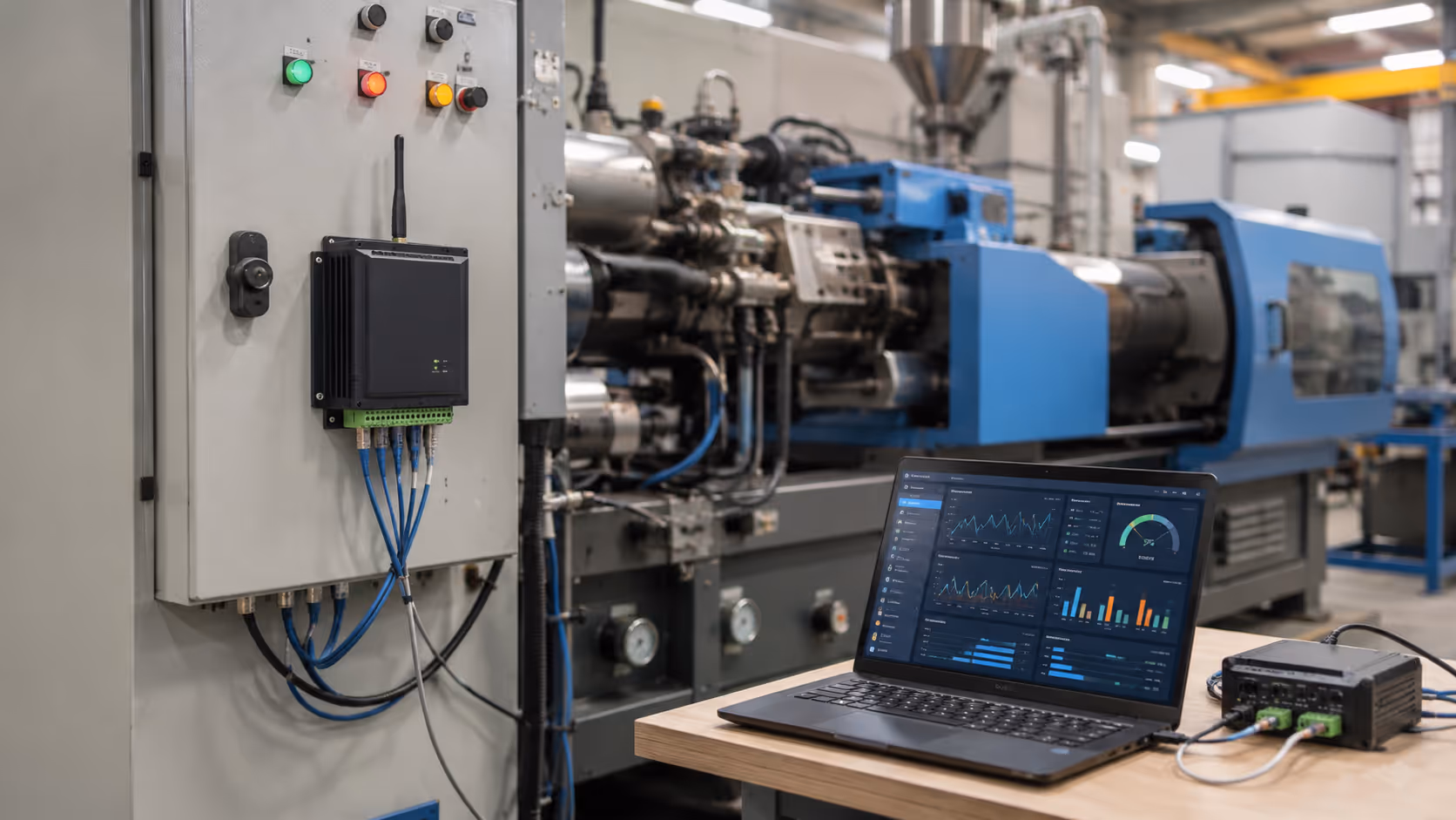 Edge gateway, machine panel, and laptop dashboard used for machine data logging.