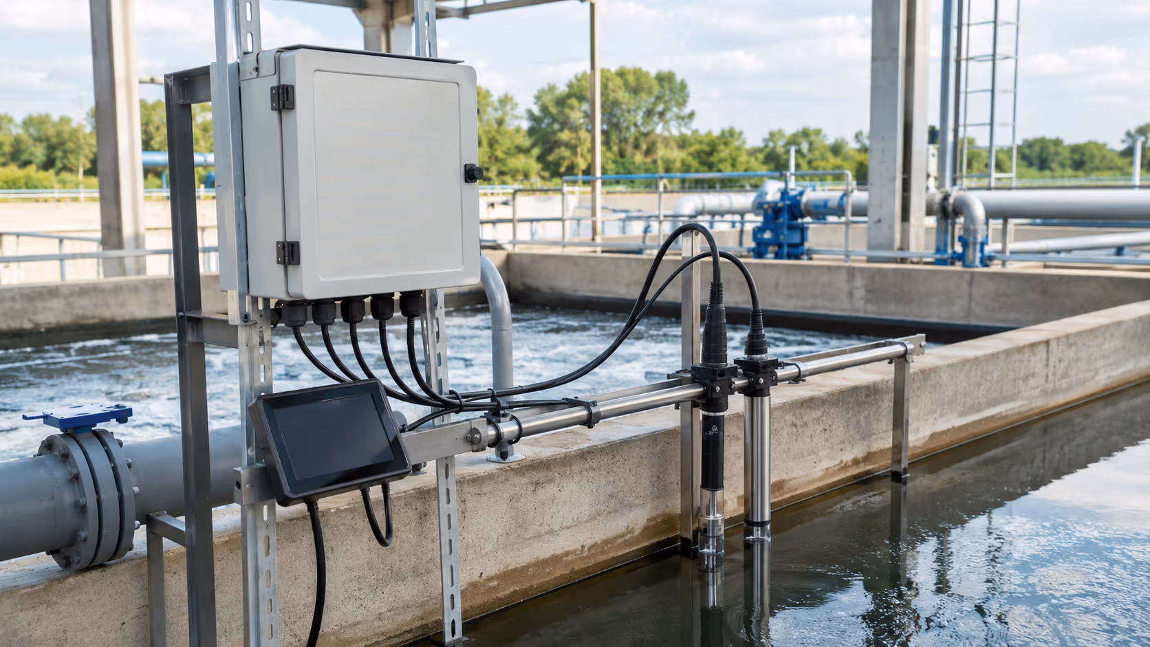 Water treatment tank with probes and controller panel for quality monitoring.