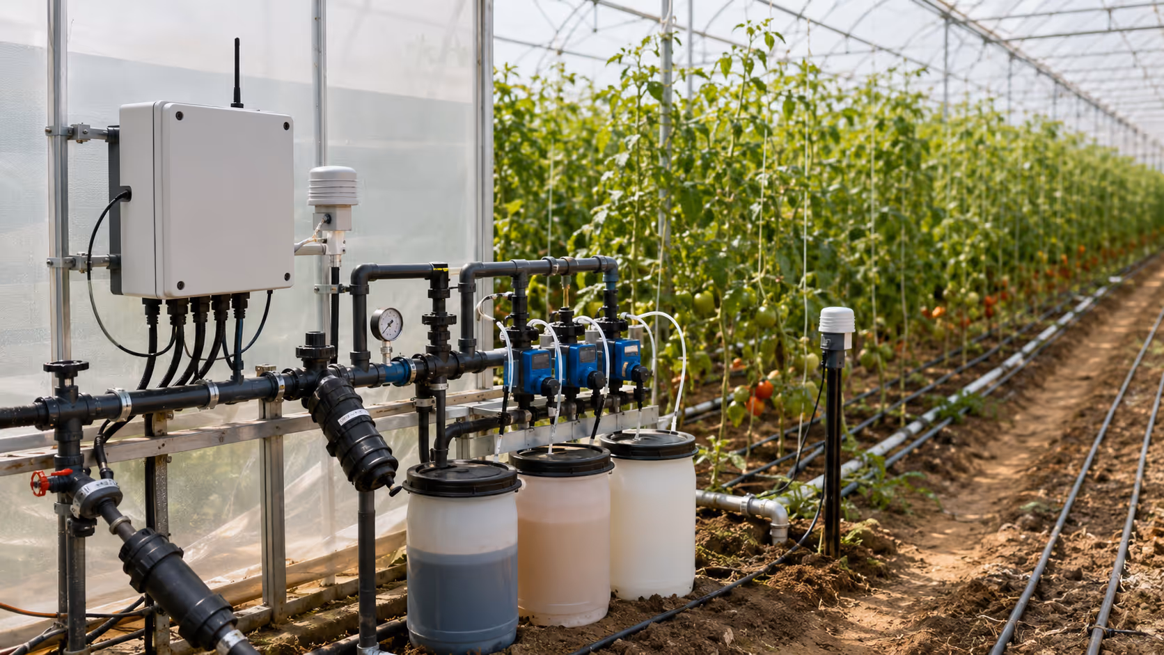 Greenhouse irrigation valves, dosing unit, and controller for fertigation automation.