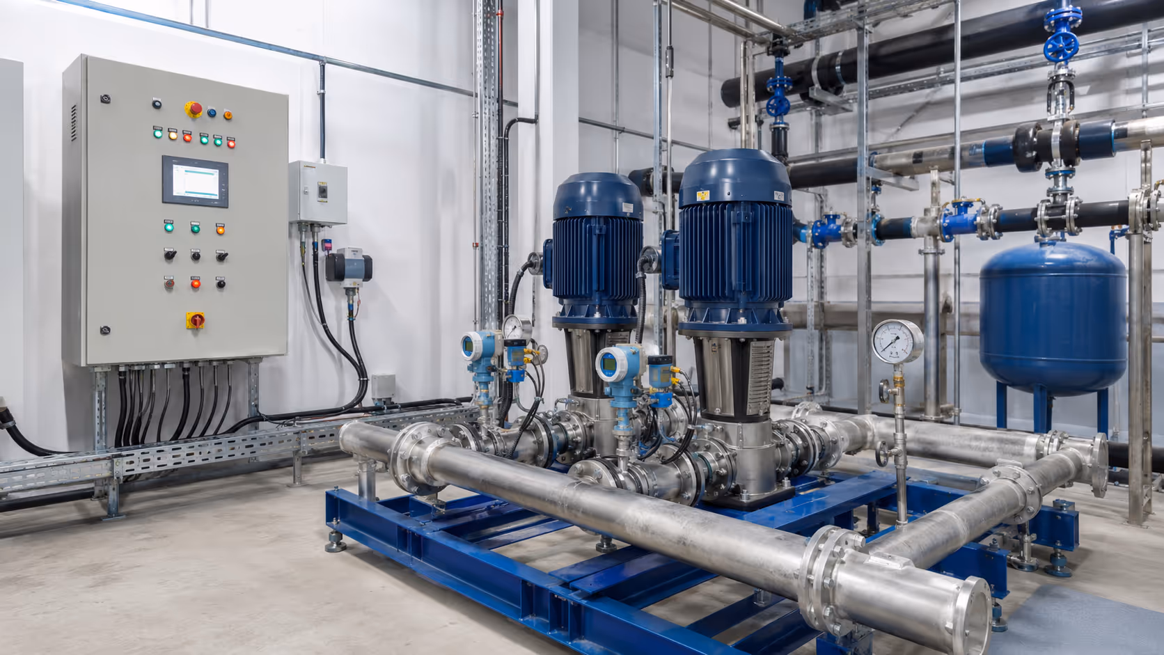 Pump skid with control panel and sensors for automation and protection.