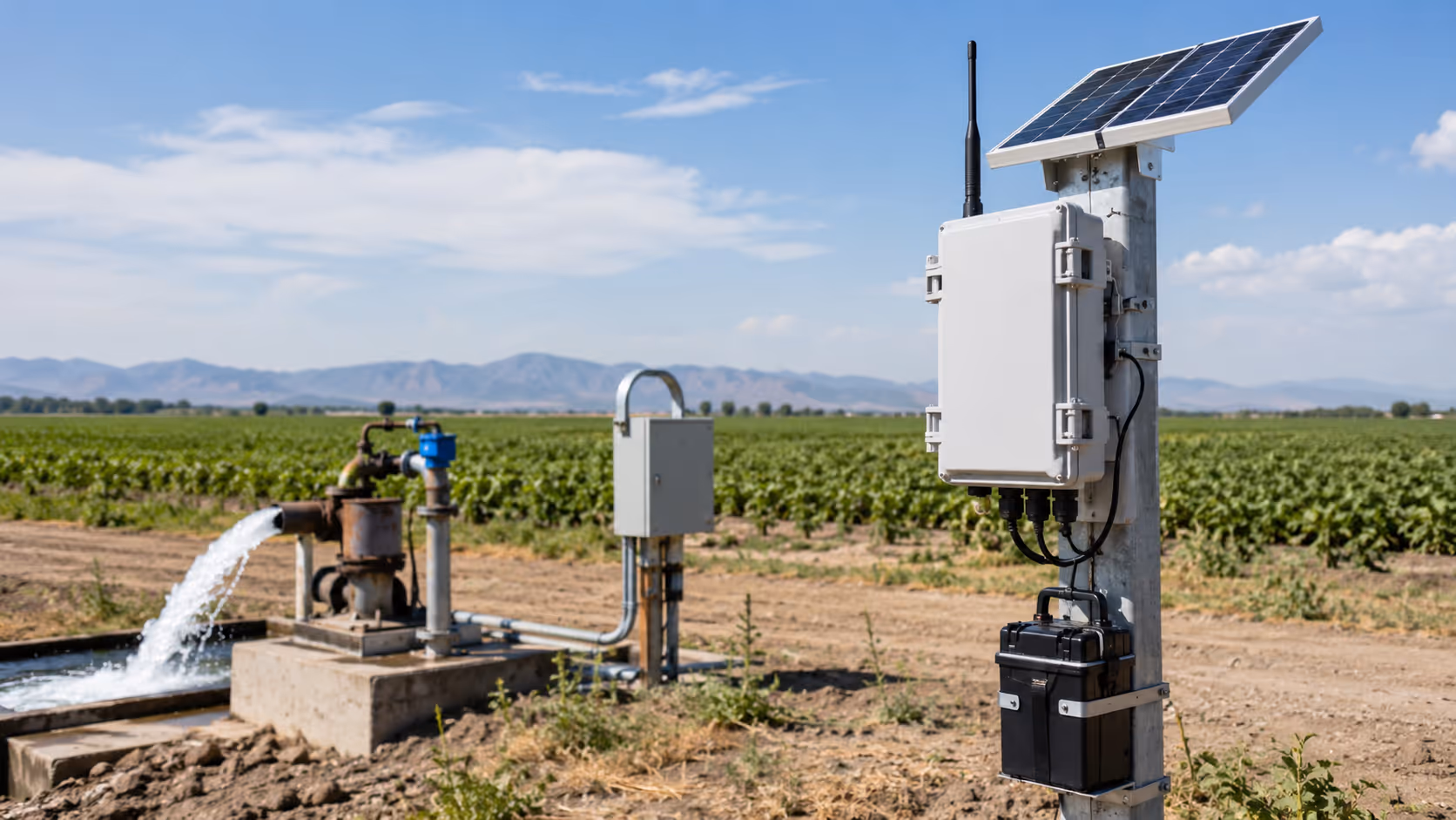 Solar IoT box installed near a farm pump for remote field asset monitoring.