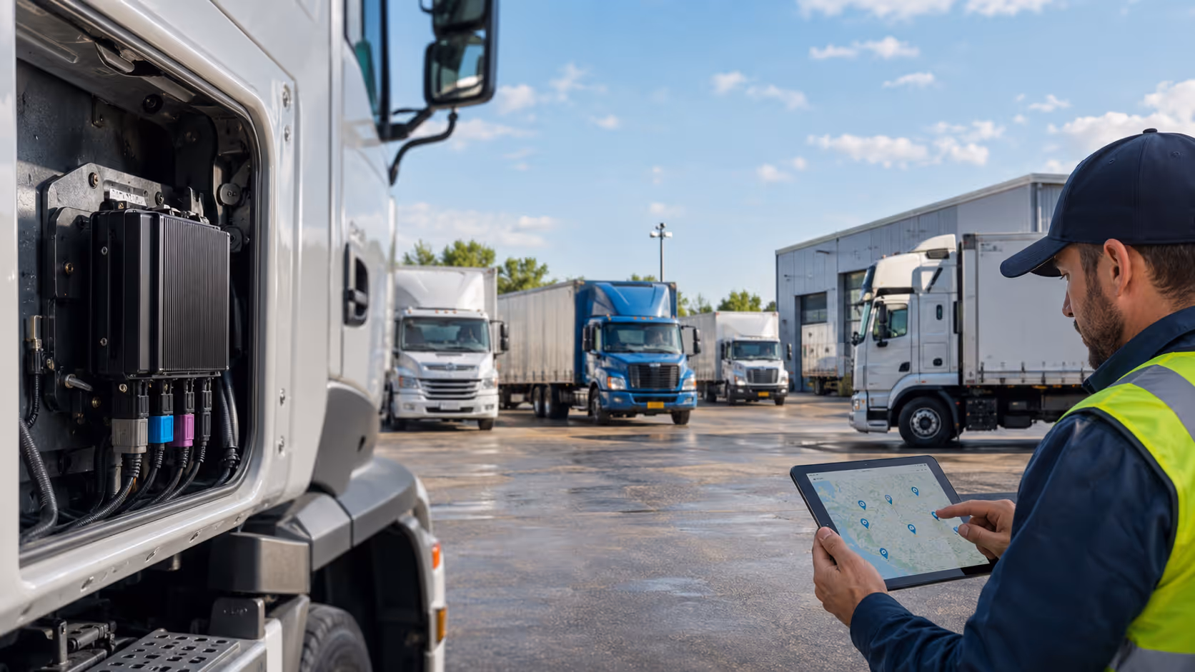 Fleet yard with vehicle gateway and tablet map for telematics tracking.
