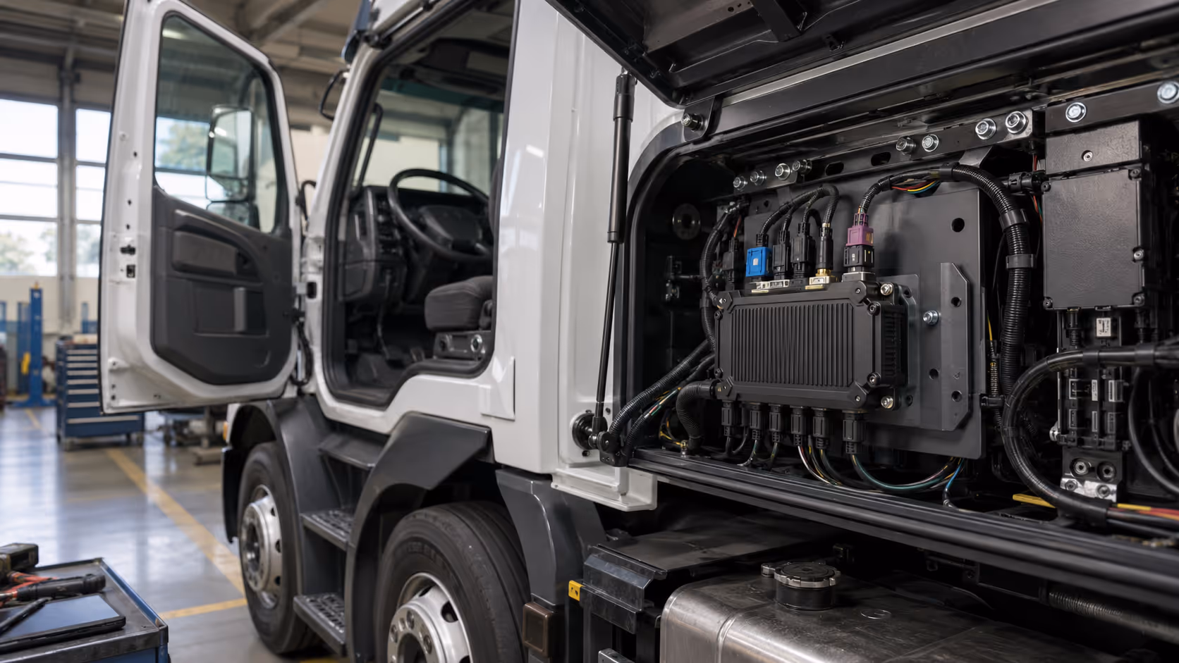 Truck service bay wiring with a vehicle IoT gateway module.
