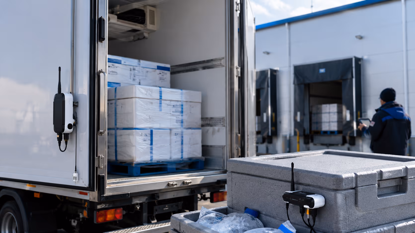 Reefer truck cargo area with temperature logger for cold chain monitoring.