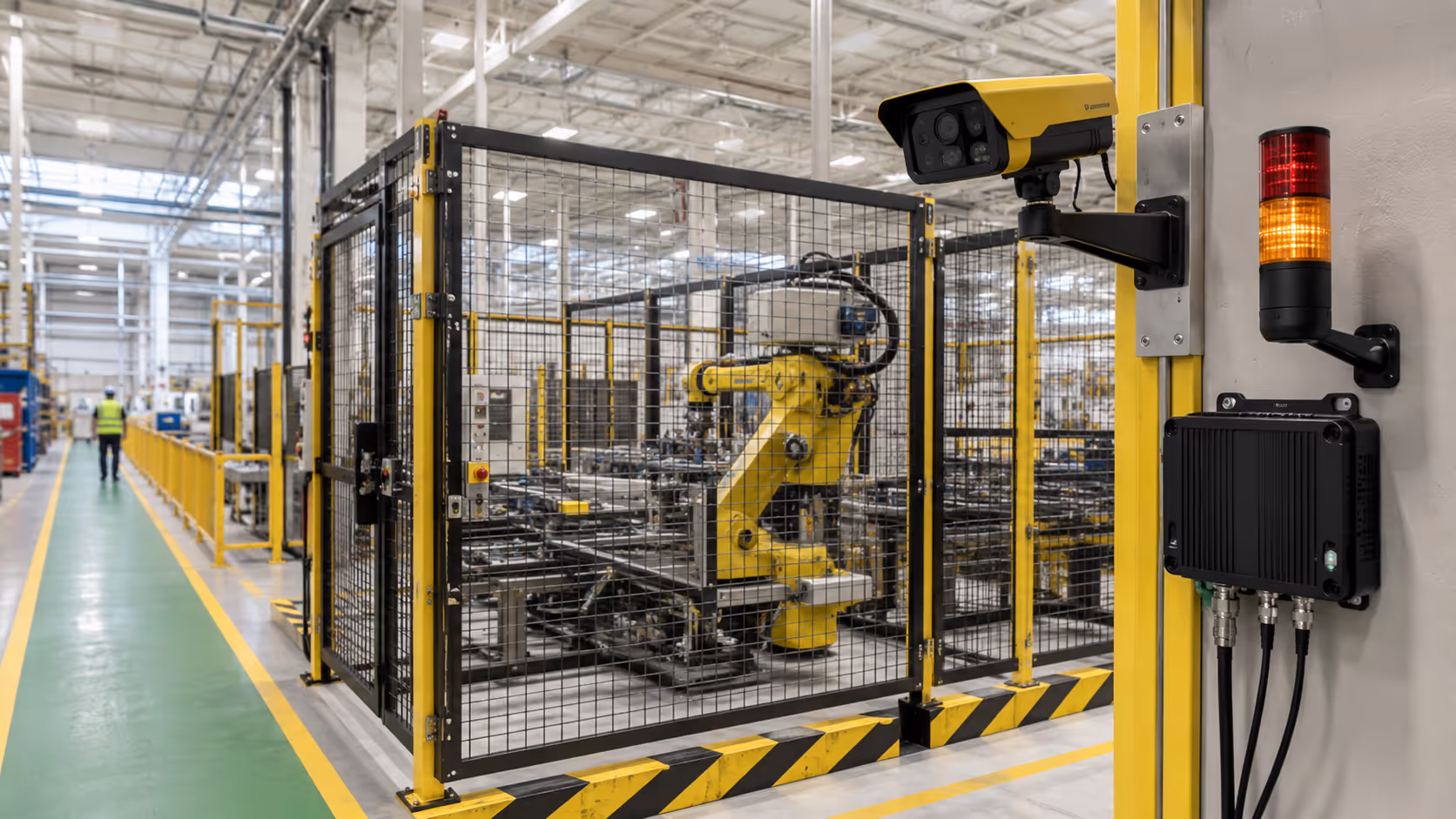 Robot cell camera with edge box and stack light for safety monitoring.