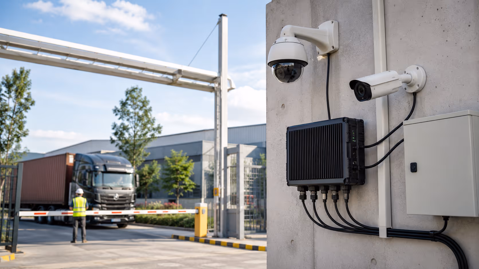 Facility gate cameras connected to an edge analytics box.