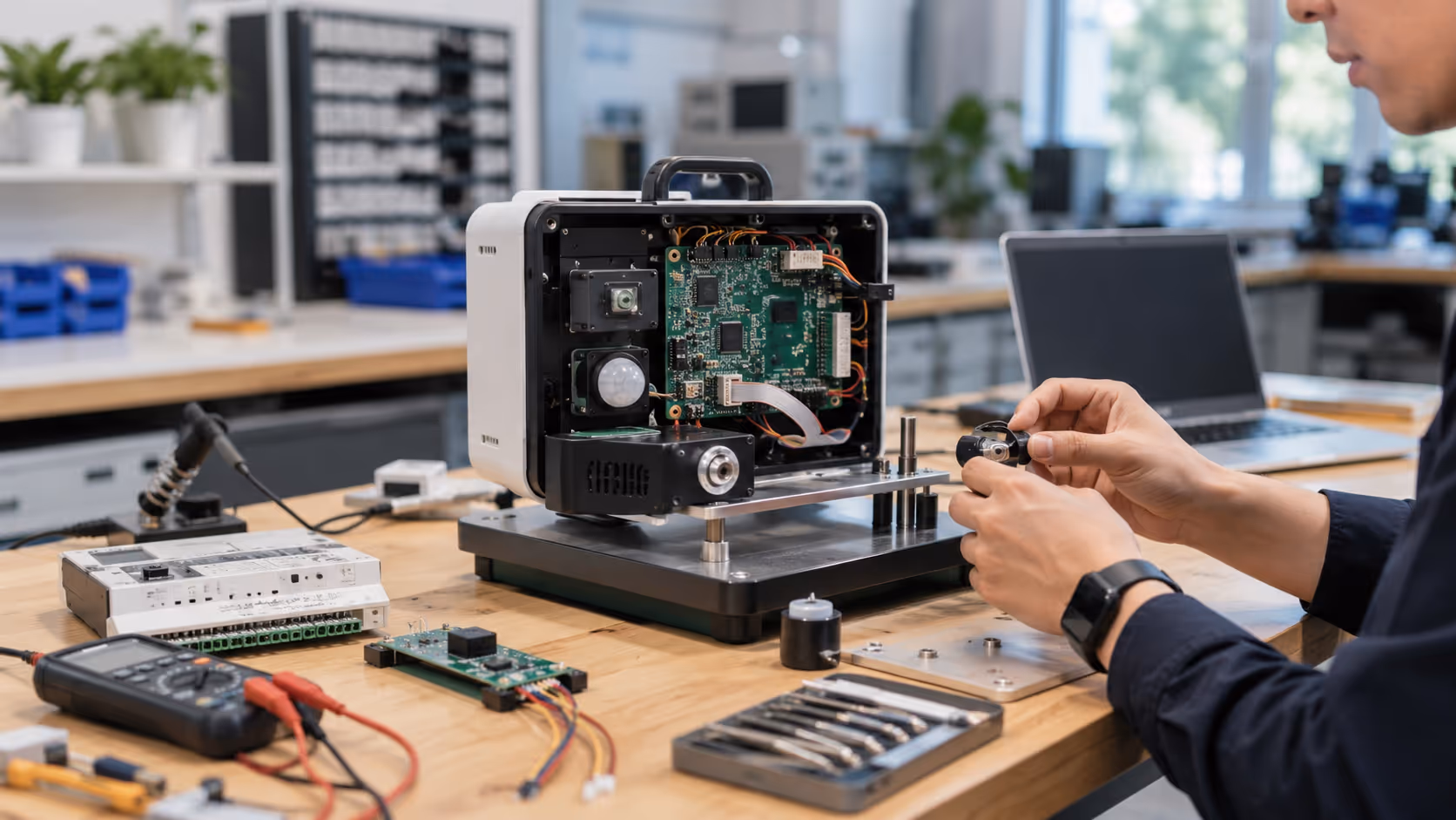 Prototype enclosure and embedded board on a product R&D test bench.