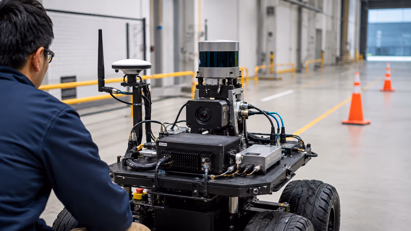 Mobile robot with camera, LiDAR, GPS, and edge computer for sensor fusion.