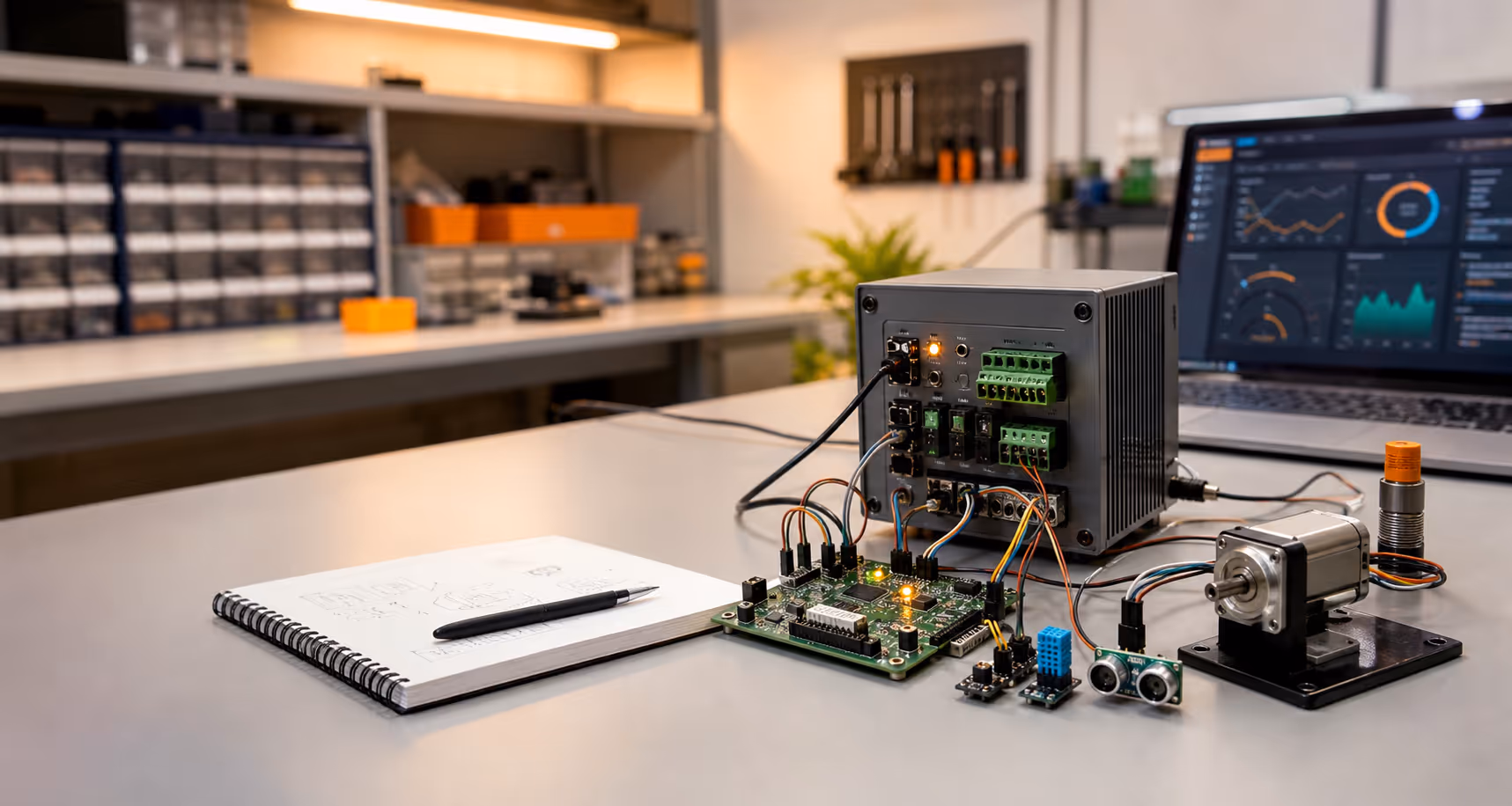 Engineering workbench with controller hardware, sensors, actuator parts, test board, notebook, and dashboard laptop.