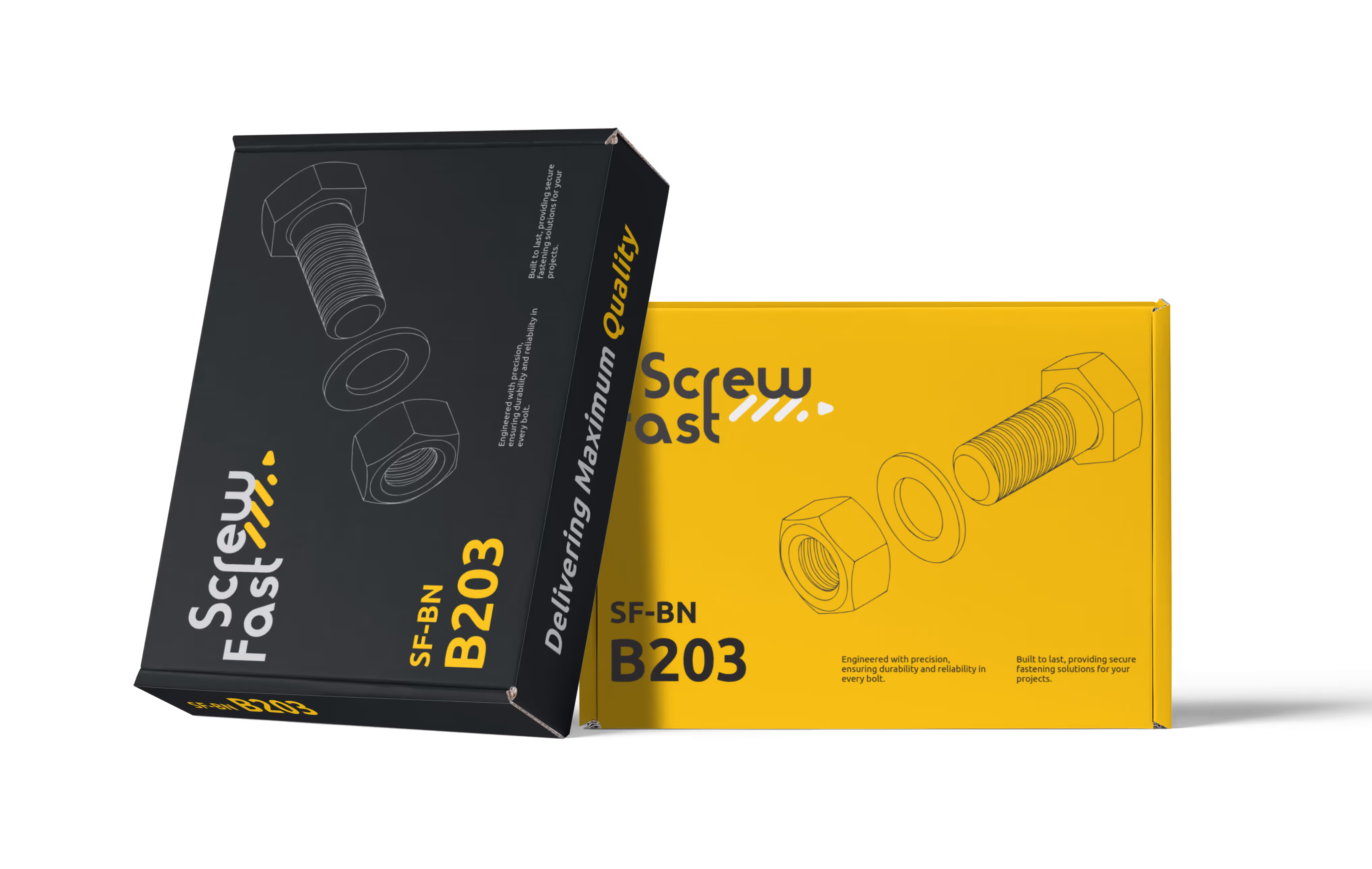 Pile de boîtes de produits ScrewFast contenant des outils matériels assortis