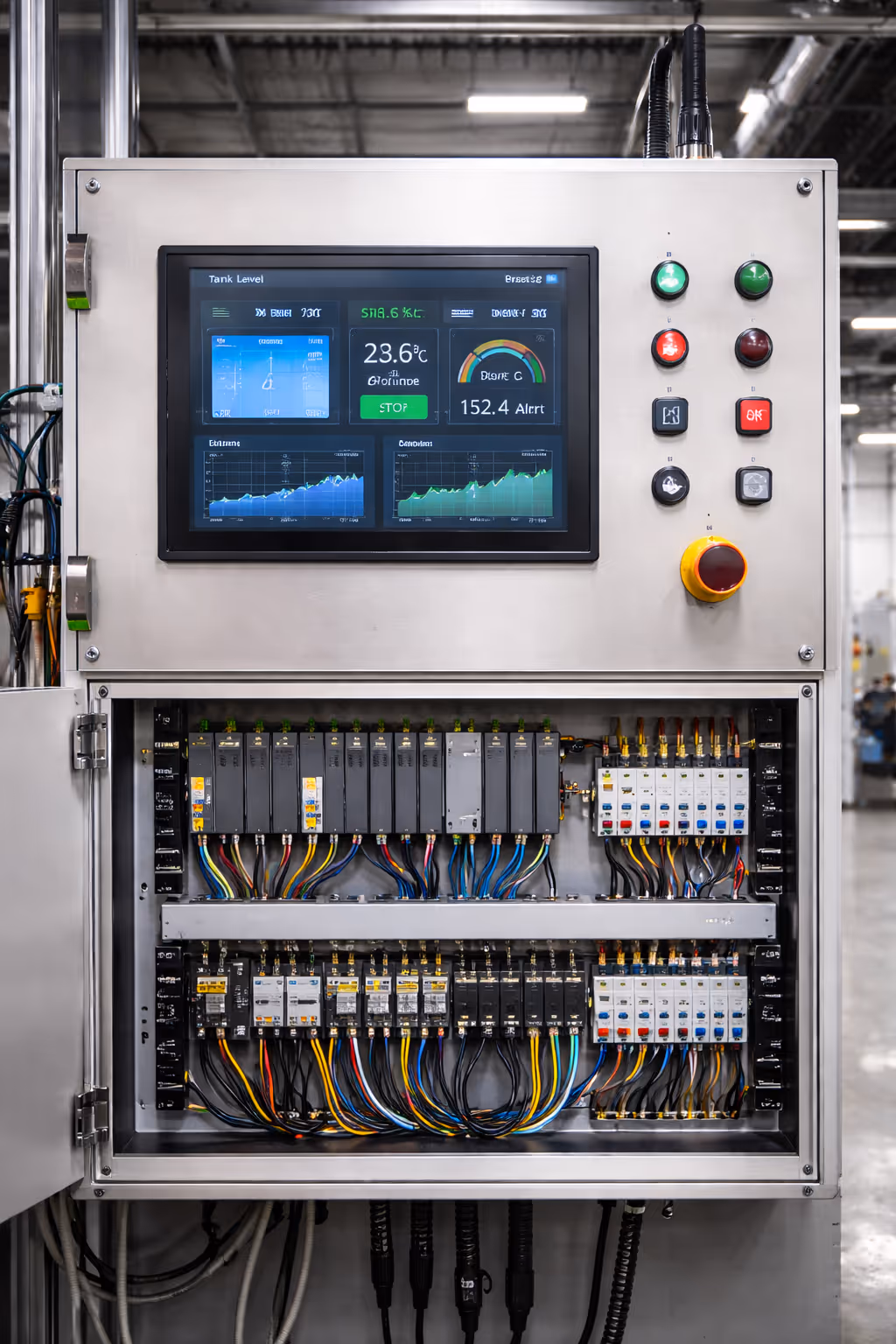 Industrial control panel with touchscreen HMI for automation and monitoring
