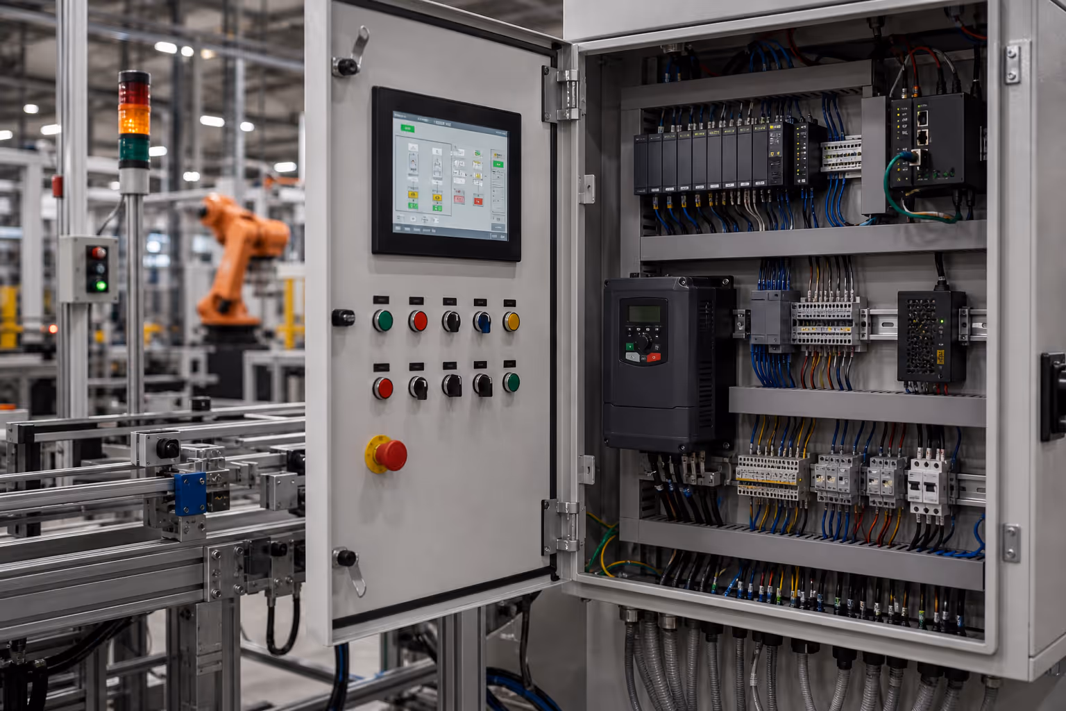 Smart machine automation system with control panel, HMI, drives, and field-ready equipment.