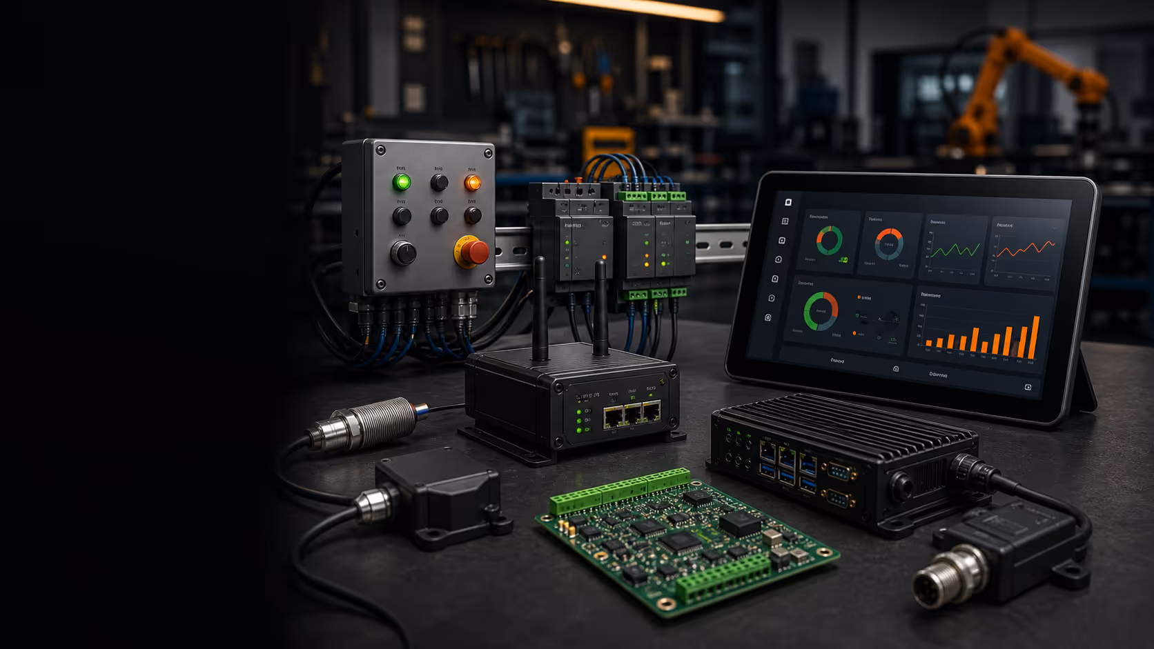 Industrial IoT automation hardware with controllers, dashboard, and field-ready equipment.