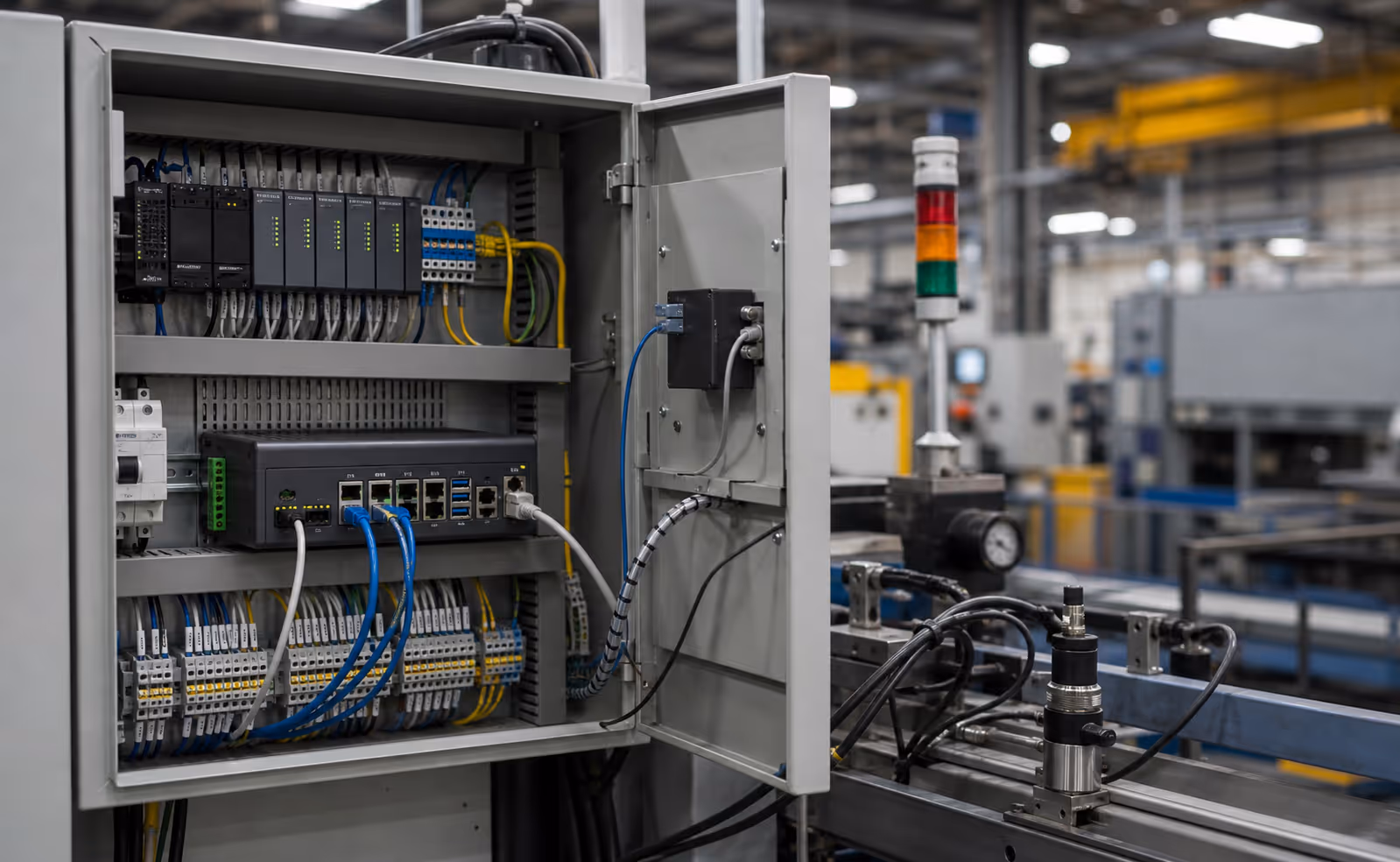 Industrial IoT gateway installed inside a control cabinet with wiring and DIN rail modules.