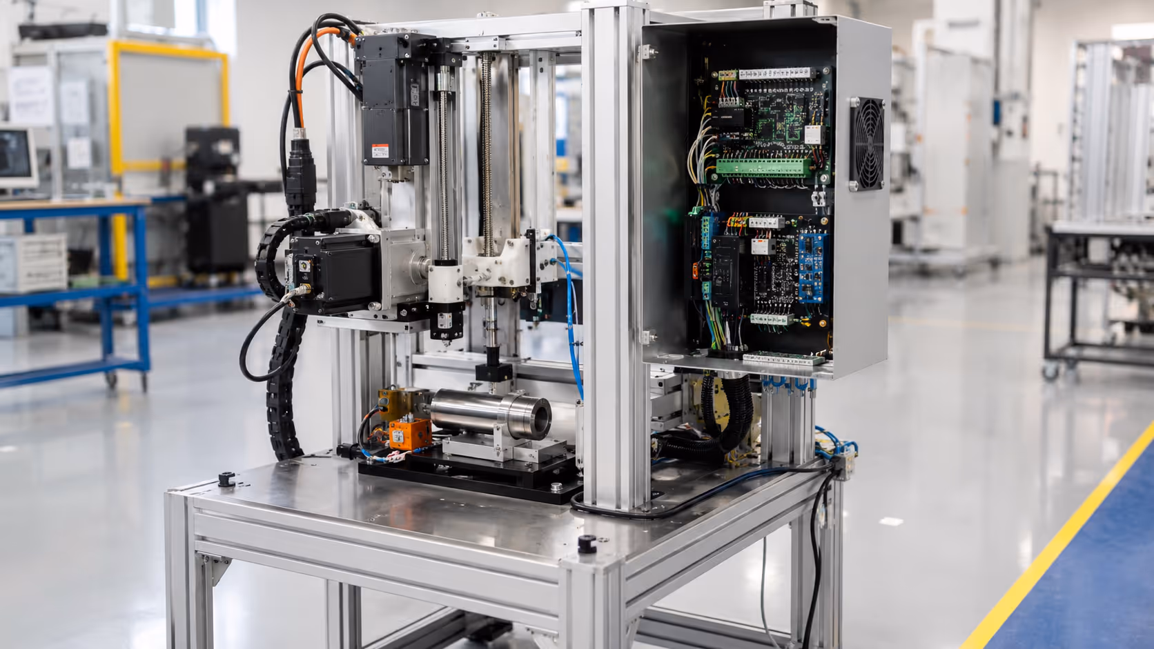 Industrial mechatronic test rig used for custom embedded prototype validation.