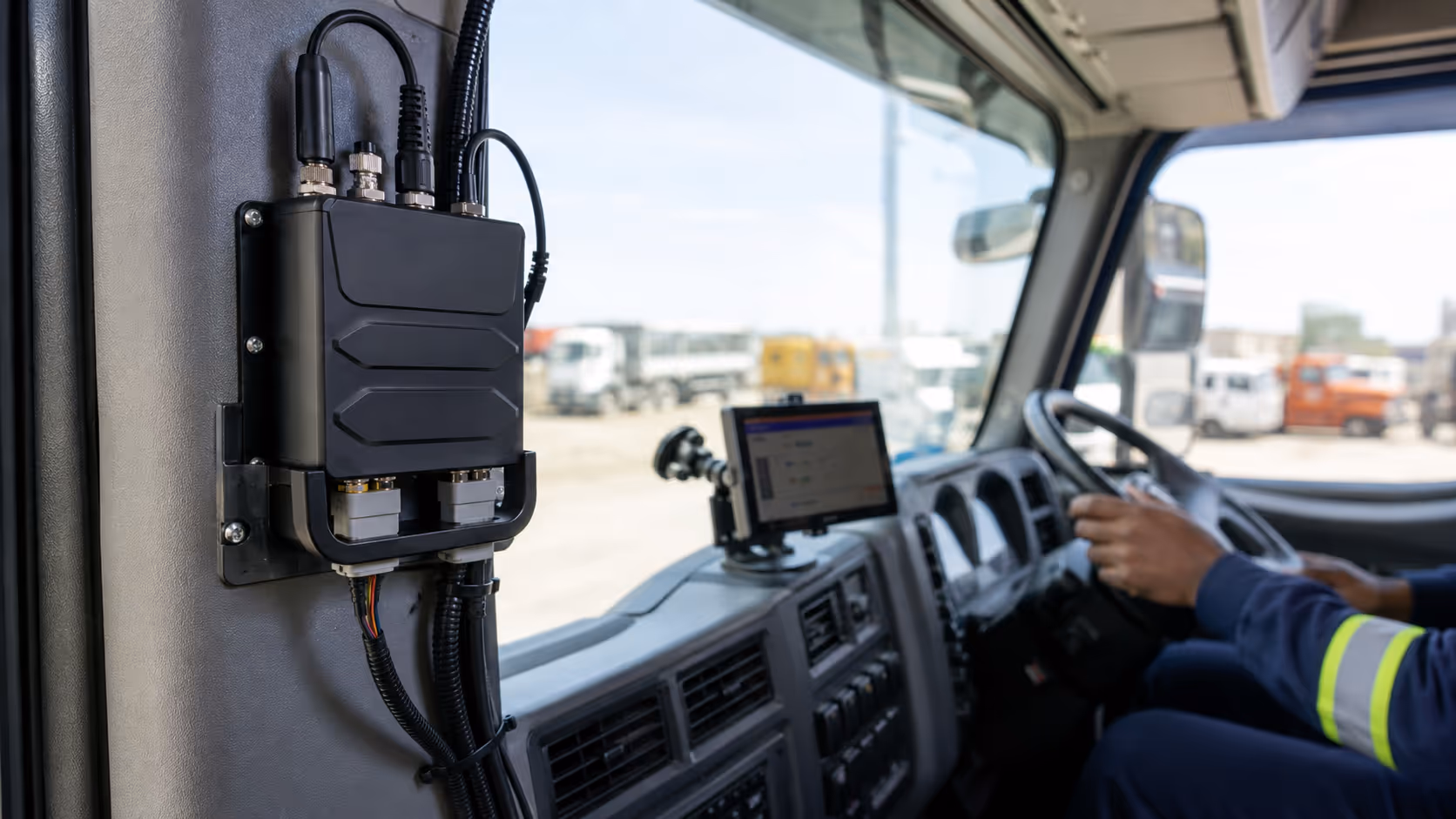 Truck cabin electronics and gateway wiring context for vehicle IoT integration.
