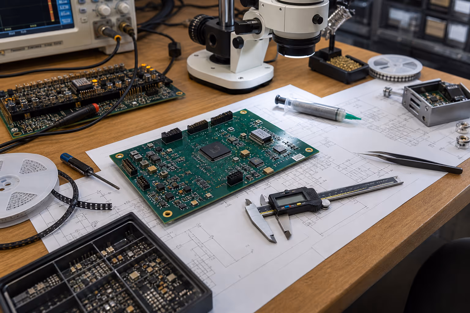 Printed circuit board prototype being inspected with electronics tools and schematic pages nearby.