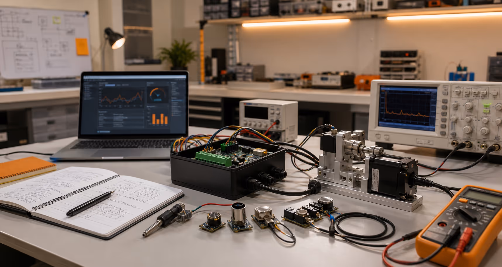 Applied R&D prototype testing bench with embedded controller, sensors, actuator, test instruments, notebook, and dashboard laptop.