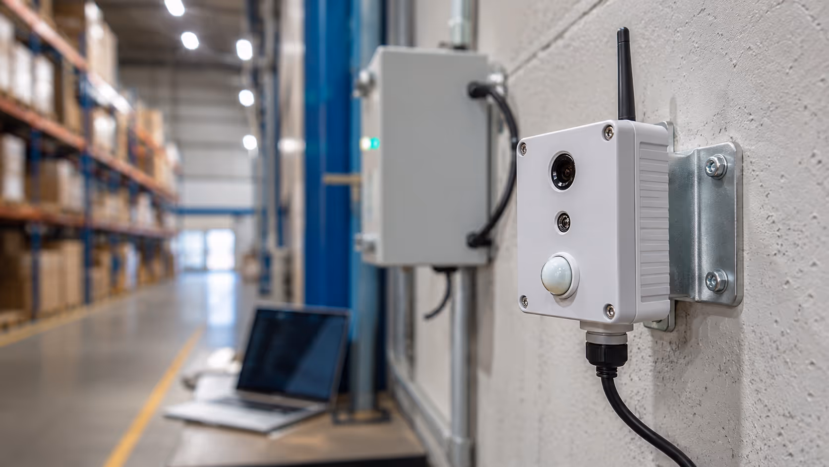 Mounted smart sensor device installed in a warehouse environment.