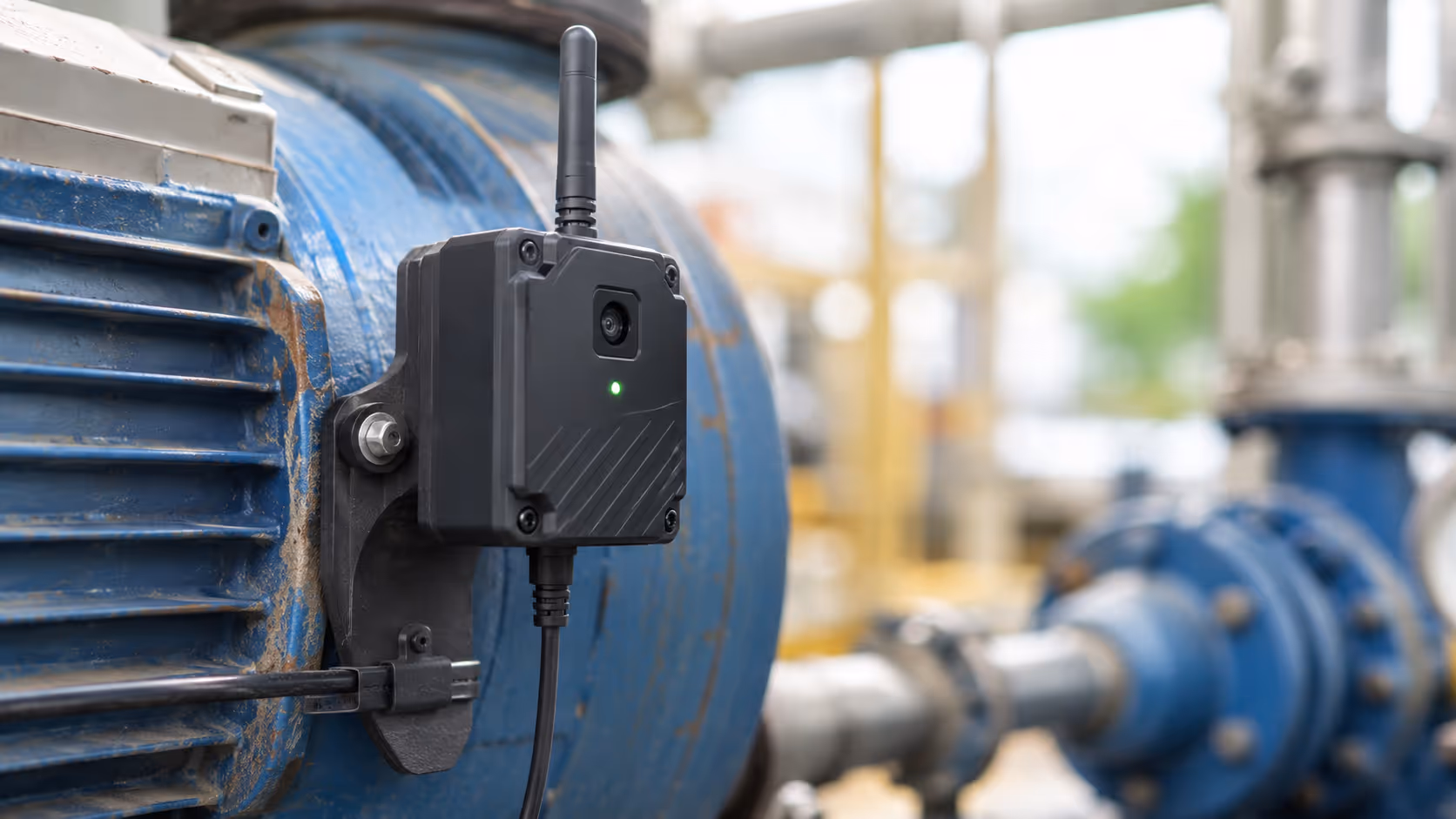 Compact machine-mounted sensor device for low-power TinyML detection.