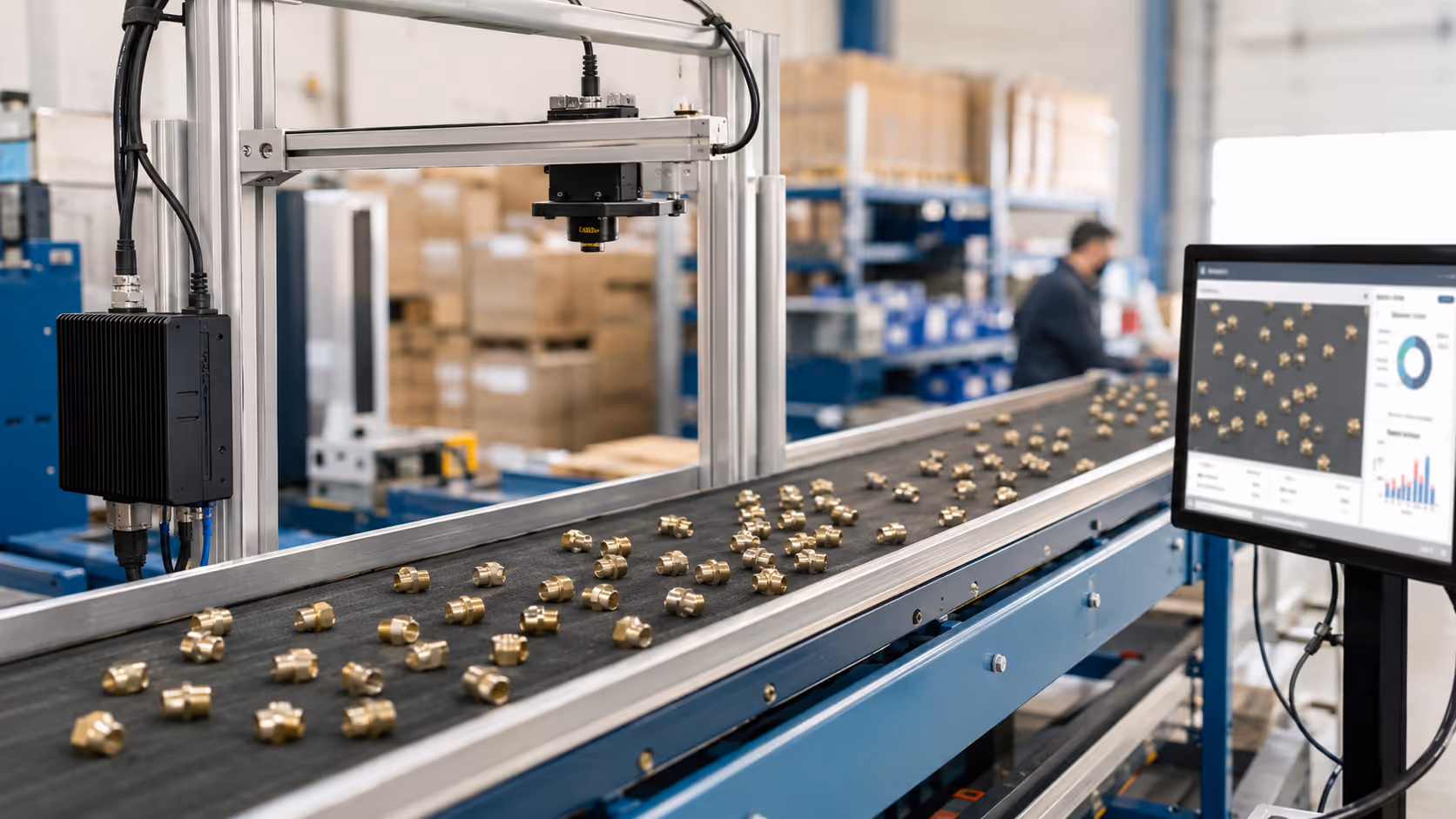 Conveyor inspection station with camera for object detection and counting.