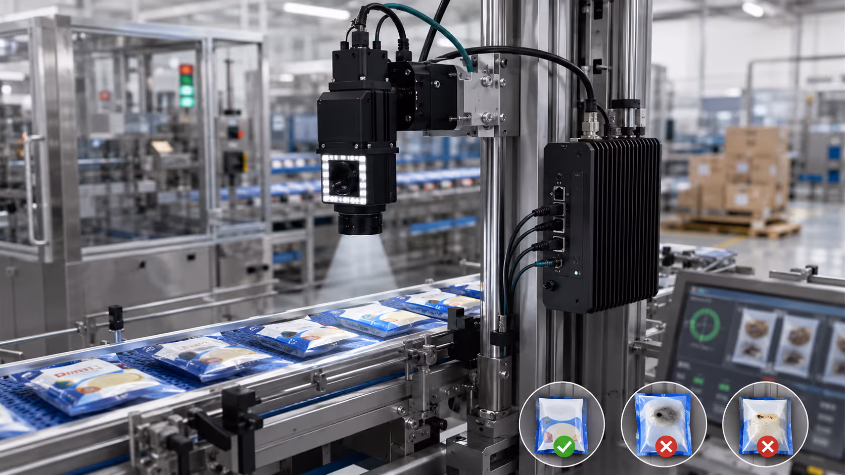 Conveyor camera and edge device used for AI vision inspection.